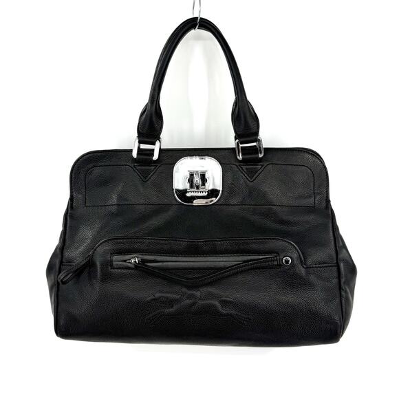 Longchamp Gatsby Black Leather Satchel Chic Handbag Embossed Jockey Horse Logo - Picture 1 of 15